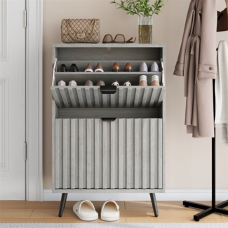 MODFU Schuhschrank Vielseitiger Kipp-Schuhschrank (Schmaler Schuhschrank 60 cm mit 2 Klappenfächern – Platzsparendes Design, Rillendekor)