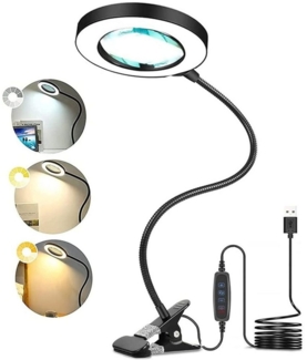 PRIISF LED Tischleuchte Lupenlampe Lupe mit Licht Ständer Lupenleuchte Schreibtischlampe USB, LED fest integriert, Warmes Licht, Warmweißes Licht, Weißes Licht, Lupenbrille 5X, 9W 48 LED mit Klemme Flexibilität Mobilität