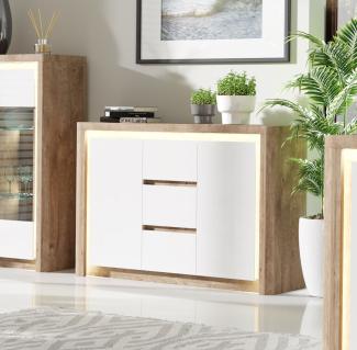 Kommode Livinio Sideboard 144x40,5x97,5cm Ribbeck Eiche weiß Hochglanz inkl. LED
