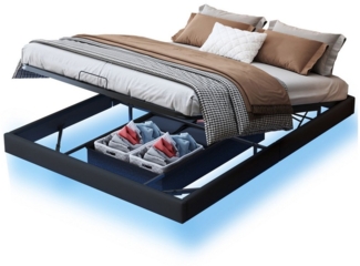 FUROKOY Polsterbett 160x200 cm LED Hydraulisches Doppelbett Stauraumbett Schwebendes Bett (mit Lattenrost Metall Bettrahmen Erwachsene Floating Bed Frame), Schwarzer(ohne matratze)