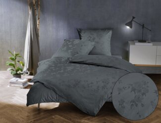 Bettwaesche-mit-Stil Mako Satin Jacquard Damast Bettwäsche Zoé Rose – stahlgrau – Garnitur 200x220 + 2x 80x80 cm