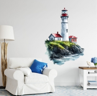 Sunnywall Wandtattoo Aufkleber Maritim Leuchtturm auf Klippe – Aquarellstil, selbstklebend, konturgeschnitten, rückstandslos entfernbar