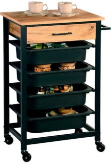 Kesper | Küchenwagen mit Schublade, 4 Kunststoffbehälter, Material: Metall, Bambus, Kunststoff (PP), Maße: 47 x 37 x 85 cm, Farbe: Sonoma Eiche-Dekor, Schwarz | 25532 13