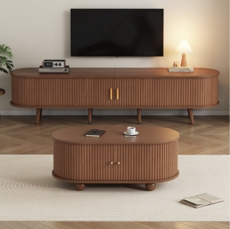 MODFU Wohnzimmer-Set TV-Schrank & Couchtisch Set, (ovale Kombination in Originalholzfarbe, Fernsehtisch, TV-Ständer, 1-St, zentrale Doppelschublade, natürliche Textur), mit Beidseitig geschwungene, vertikal geprägte Schiebetür