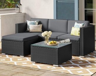 SONGMICS Gartenmöbel-Set mit Kissen und Glastisch, Polyrattan, Schwarz / Grau