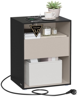 VASAGLE Superschnelle werkzeuglose Montage, Nachttisch, Beistelltisch mit Ladefunktion, Nachtschrank mit Schublade, Schlafzimmer, Toolless-Technologie, tintenschwarz-cappuccinobeige LETDE777B04