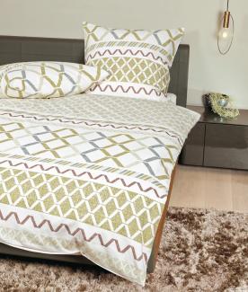 Janine Feinbiber Bettwäsche Davos 155x220 Streifen Zickzack oliv blau 65119-06