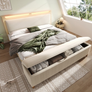 OKWISH Holzbett Kopfteil mit Stauraum (Doppelbett, Bettrahmen mit Holzlatten, 1-tlg, 160×200cm, ohne Matratze, mit Bettbank), mit LED-Beleuchtung, Cordpolster-Rückenlehne