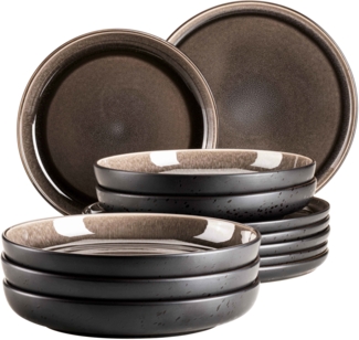 Modernes Teller Set fr 6 Personen in aufregendem Vintage Look, 12-teiliges Tafelservice aus Keramik in Grau und Schwarz
