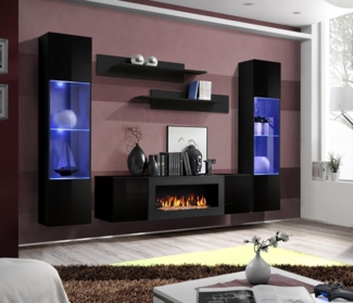 JVmoebel Wohnzimmer-Set Modern Designer Schwarz Wohnwand Holzmöbel Hänge Vitrine Luxus, (6-St, 1x Wohnwand+1x Sideboard Mit Kamin+2x Hänge Vitrine+2x Wandregal), Made in Europa
