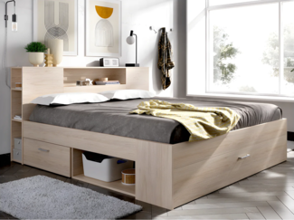 Vente-unique - Bett mit Kopfteil, Stauraum & Schubladen + Lattenrost + Matratze - 140 x 190 cm - Naturfarben - LEANDRE
