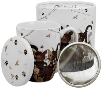 DUO ANIMALS 33311 Becher 380 ml mit Teesieb CATS FAMILY mit Teesieb, New Bone China Porzellan