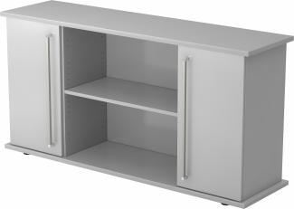 bümö Sideboard grau mit Flügeltüren & Regal - Büromöbel Sideboard Holz 166cm breit, 45cm schmal, Büro Schrank für Flur oder als Wohnzimmer-Kommode mit Chromgriff, SB2T-5-5-CE