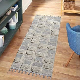 carpet city Teppich Läufer Boho Flur - Creme - 80x300 cm - Patchwork-Muster - Relief-Optik, 3D-Effekt - Cut-&Loop, Sisal - Moderne Fransen-Teppiche Schlafzimmer