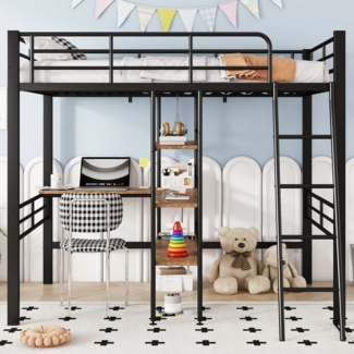 Flieks Hochbett Metallbett Kinderbett 90x200cm mit Schreibtisch Regale Geländer Leiter