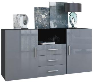 Vladon Sideboard Skadu, Kommode mit 2 Türen, 3 Schubladen und 1 offenem Fach, Schwarz matt/Grau Hochglanz (138,5 x 71,5 x 35 cm)