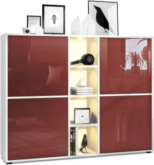 Vladon Highboard Cuba V3, Weiß matt/Bordeaux Hochglanz inkl. LED - Moderne Anrichte mit 12 Fächern (130,5 x 105,5 x 35,5 cm)