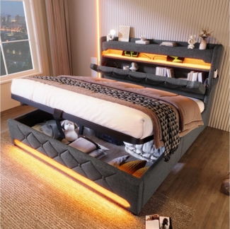 BlingBin Polsterbett Boxspringbett Stauraumbett (1-tlg, Einzelbett 140×200,360-Surround-LED-Funktion), mit USB und Typ C-Port, Hydraulisch Stauraum, Leinen Ohne Matratze