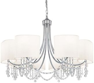 Nina, 8Flammige Deckenleuchte, Chrom, Klarer Kristall, Weisse Schirme