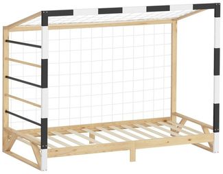 ML-DESIGN Spielbett Kinderbett Fußballtor Holzbett mit Lattenrost Kletterleiter & Netz, Handballtor Abenteuerbett 90x200cm Natur für Kinder aus Kiefernholz