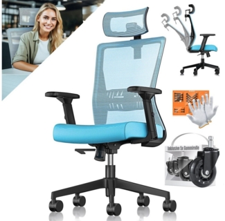 KESSER® Bürostuhl mit verstellbaren Armlehnen | Drehstuhl mit Lendenwirbelstütze Rückenschonend | Schreibtischstuhl ergonomisch mit Kopfstütze | Office Chair Wippfunktion bis 125° mit 5x Gummirollen Blau / Schwarz