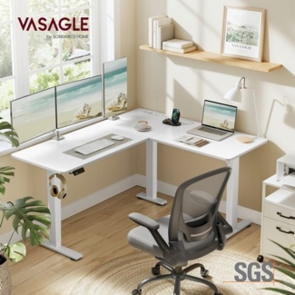 VASAGLE Höhenverstellbarer Schreibtisch elektrisch, L-förmiger Eckschreibtisch, 140 x 160 cm, mit Ladestation, Memory-Funktion mit 2 Höhen, für Homeoffice, wolkenweiß-mattweiß