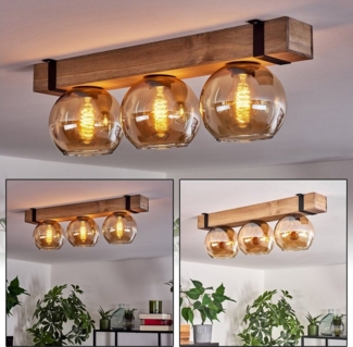 hofstein Deckenleuchte Deckenlampe aus Metall/Holz/Glas in Schwarz/Natur/Bernsteinfarben, ohne Leuchtmittel, Holzbalken 60cm u. Glaskugeln Ø15cm, 3x E27, ohne Leuchtmittel