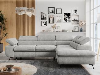 Ecksofa mit Bettfunktion, Modern Sofa, L-form, Einstellbare Kopfstützen, Bettkasten, PETER, 1x Ecksofa, Hellgrau, Stoff, rechts