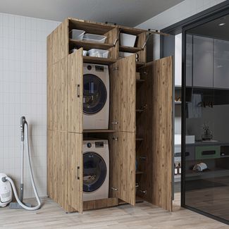 Roomart Waschmaschinenschrank - SERIE DORA-2- 115 cm breit – Waschturm für Waschmaschine & Trockner mit Regalböden – Überbauschrank für Waschküche & Hauswirtschaftsraum – mit Aufsatzschrank - 3x Regalböden - Eiche