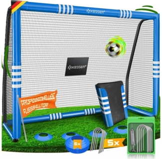 KESSER® Fußballtor für Garten robustes Outdoor Training Schusstraining UV-beständigem Netz, Stahlrahmen mit Polsterung, Erdhaken, Luftpumpe, Hüttchen, Montagezubehör für Kinder und Erwachsene Blau, 180cm, Ohne Torwand
