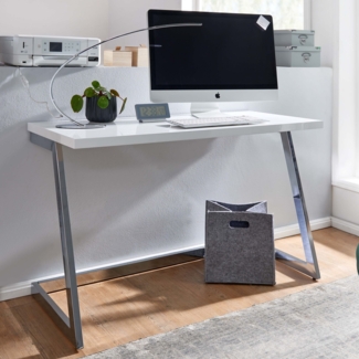 Schreibtisch 120x55x76 cm Hochglanz Weiß / Silber PC-Tisch mit Metallbeine, D...