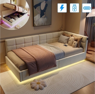 Gdood Polsterbett Daybett Jugendbett Tagesbett (1-tlg, Hydraulisch hebbarer Stauraum, Geeignet für Jungen und Mädchen), Mit LED-Beleuchtung, Ladefunktion, Samt, 90x200 cm