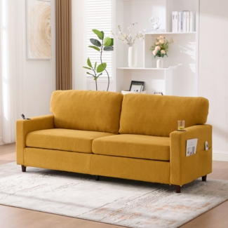LVHOM 2-Sitzer Sofa mit USB&LED, Zweier Polstersofa Chenille Bezug, Loveseat mit Getränkehaltern, Doppelsofa Stoffsofa Loungesofa, Gelb