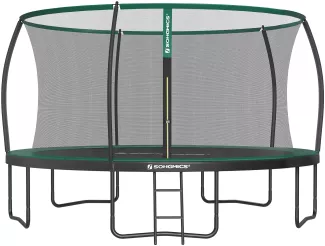 Trampolin Ø 427 cm, Gartentrampolin für Kinder mit Sicherheitsnetz, 180 cm hohe gebogene Stangen, Randabdeckung, Leiter, Stahlrahmen, TÜV Rheinland GS-Zertifikat, schwarz-dunkelgrün