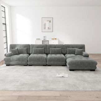 Modulares Ecksofa,L-förmiges Couch Set für Wohnzimmer 4-Sitzer Komfortable Cloud Couches mit beweglichem Ottoman DIY-Kombination,Chenille,Grau,