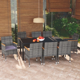 vidaXL 9-tlg. Garten-Essgruppe mit Kissen Poly Rattan Grau 3095032