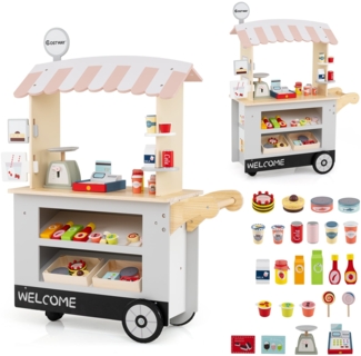 Kinder Lebensmittelwagen aus Holz auf 3 Rädern mit Kasse Foodtruck für Kinder ab 3 J. Grau