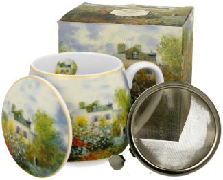 DUO ART GALLERY Fassbecher 430 ml THE GARDEN AT ARGENTEUIL mit Teesieb, New Bone China Porzellan