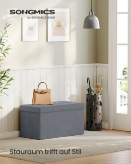 SONGMICS Sitztruhe mit Deckel, Sitzbank mit Stauraum, für Eingangsbereich, Aufbewahrungsbox, 38 x 76 x 38 cm, Samt, grau