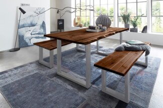 Esstisch Tisch natürliche Baumkante Akazie massiv Kufengestell nussbaum 140x80 Silber QUINN 523574
