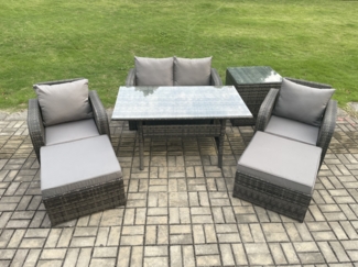 Fimous Rattan Gartenmöbel Set Rechteckiger Esstisch und Sessel Sofa Set mit Beistelltisch 2 Großer Hockern Dunkelgrau gemischt