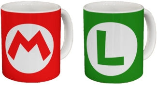 Blondie & Brownie Tasse Mario Luigi Logo Yoshi Peach Retro Konsole Gamning im Set, Keramik, Fullprint
