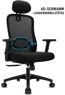 Durrafy Bürostuhl Stuhl,Ergonomischer Schreibtischstuhl,Drehstuhl (Chefsessel mit 4D-Schaumstoff-Lendenwirbelstütze,Wippfunktion 130°und Höhenverstellbar Schreibtischstuhl,Atmungsaktiver Netzbezug), Bürostuhl 150 kg,Schwarz