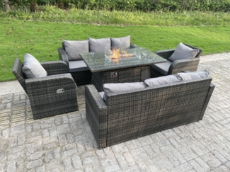 Fimous Outdoor Rattan Gartenmöbel Gas Feuerstelle Esstisch Sets Gartensofa Sitzgruppe Verstellbares Zurücklehnen Stühle 3 Sitzer Sofa Sets 8 Sitzer