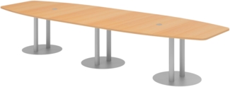 bümö Konferenztisch oval 400x130 cm großer Besprechungstisch in Buche, Besprechungstisch mit Gestell in Silber, Meetingtisch für 14 Personen, XXL-Tisch für Besprechungsraum & Meeting, KT40S-6-S