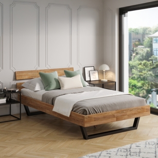 skølm 'Alver' Bett 120x200 cm, Bettgestell, natur geölt, Massivholzbett aus Eiche mit Metallkufen, Doppelbett mit Streben Bettkopf