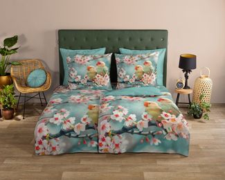 good morning Wendebettwäsche Chibi, Renforcé, 2 teilig, 100% Baumwolle, Renforcé, Reißverschluss, Wendeoptik, Vogel, aqua