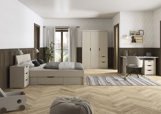 Jugendzimmer Frieda 5-teilig mit 3 türigem Kleiderschrank in Beige von Rauch Möbel, Ein Raum zum Ankommen, Wachsen und Wohlfühlen – in verschiedenene Ausführungen wählbar - 5 teilig , Kleiderschrank 3trg mit Schubkästen + 140er Jugendbett + Nachttisch ...