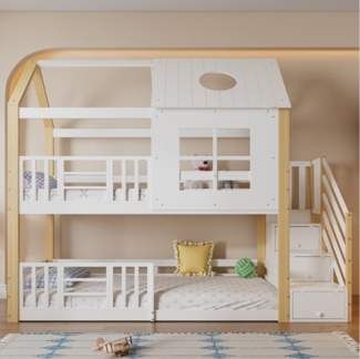 Flieks Etagenbett, Massivholz Hausbett Kinderbett 90x200cm mit Stauraumtreppe