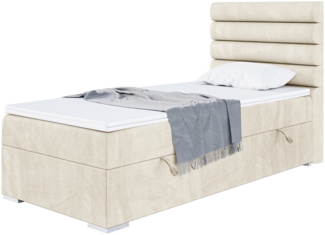 MEBLINI Boxspringbett KARIM 90x200 cm mit Bettkasten - H4/Creme Samt Gepolstert Einzelbett mit Topper & Taschenfederkern-Matratze - 90x200 Rechts